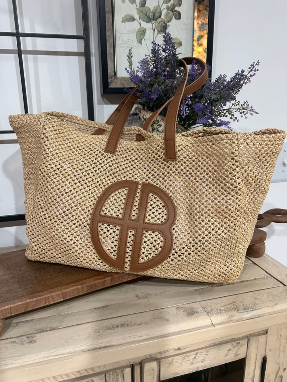 Woven Straw Tote with Brown Leather Trim - Natural - Picture 2 of 6
